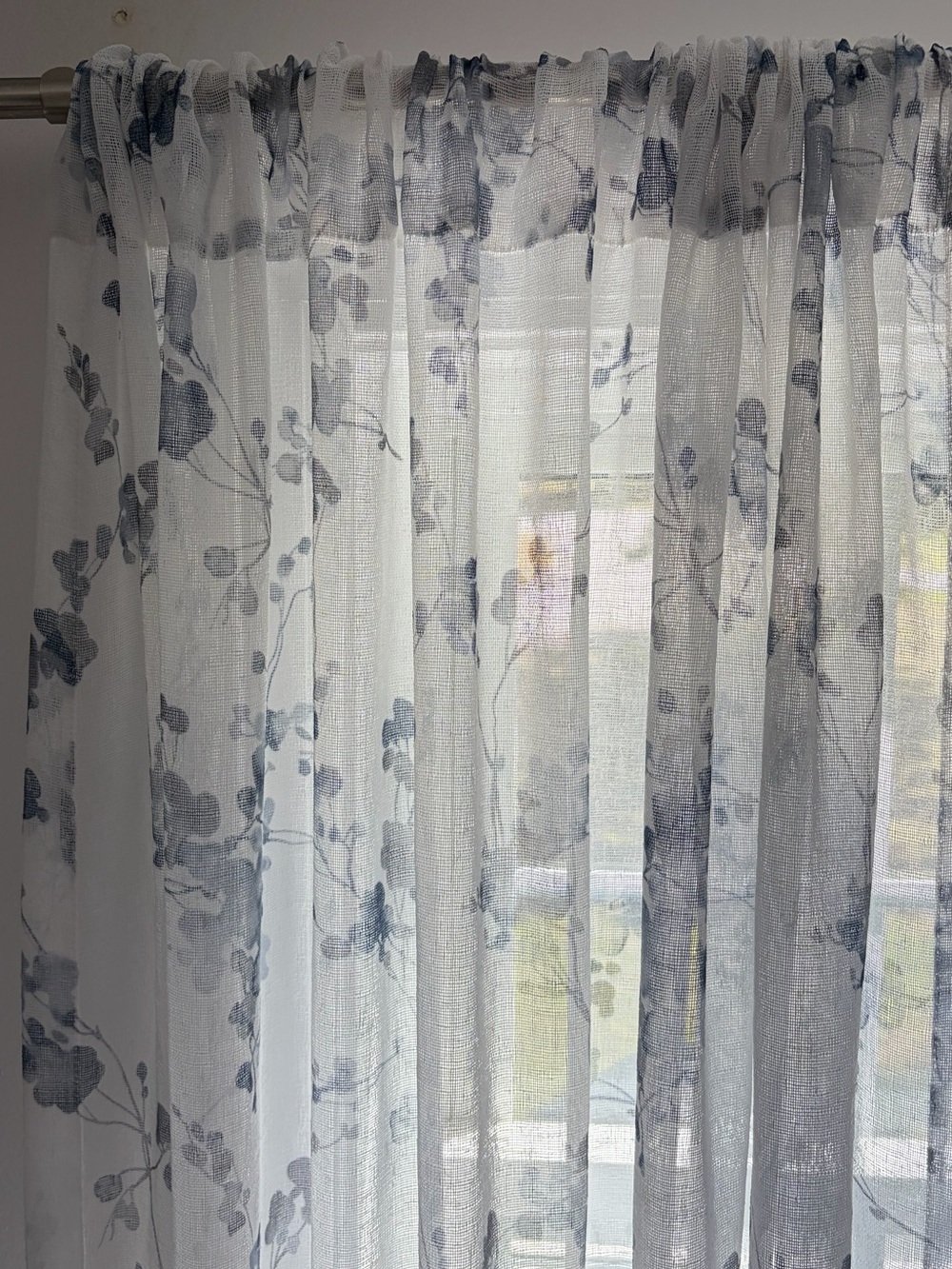 DKNY Sheer White Curtain Panel with Blue/gray Floral Print